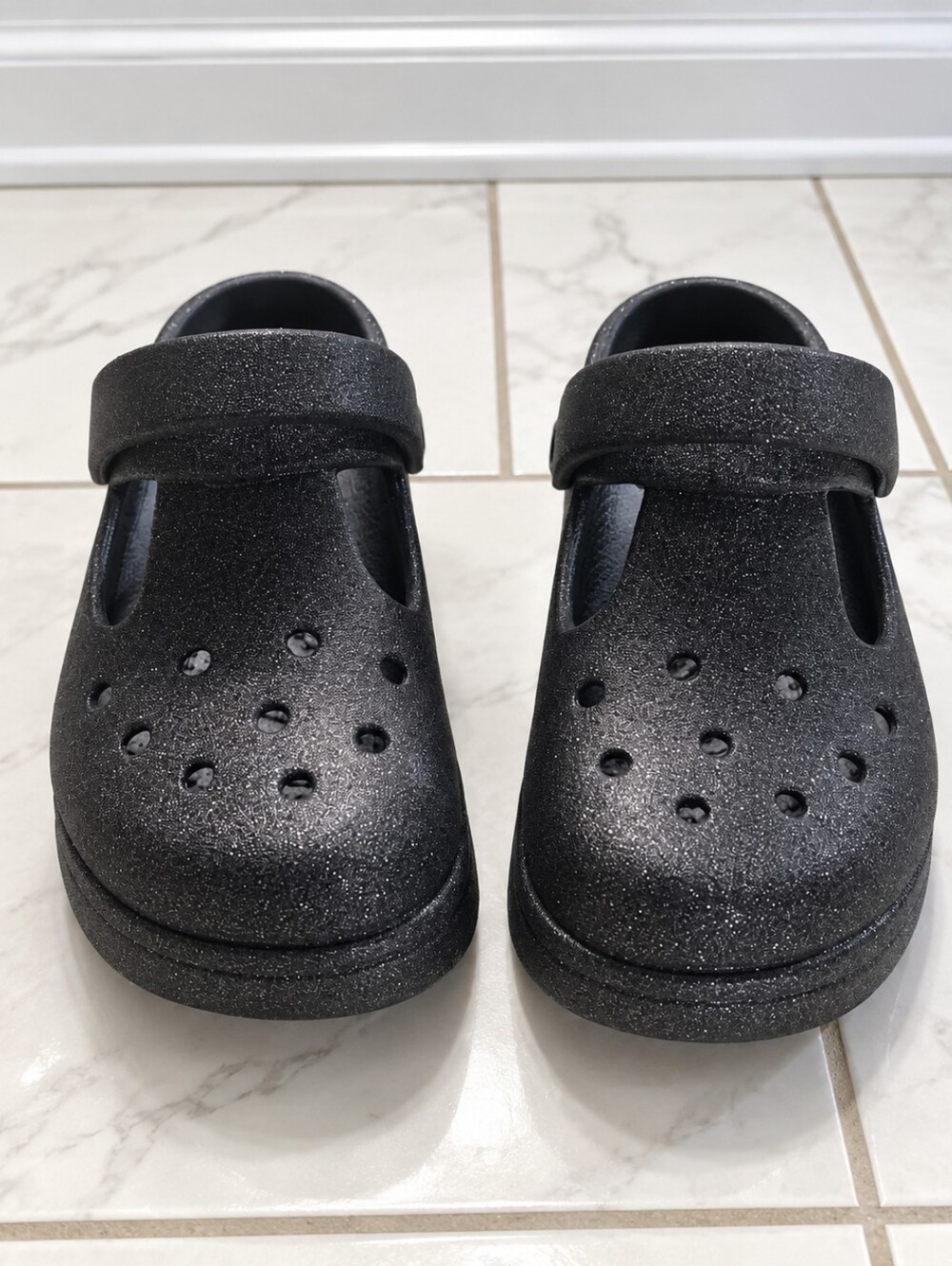 CROCS Kids Black Glitter Mary Jane Foam Clogs. Size 13.